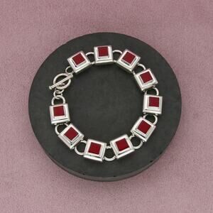 mexico sterling silver coral square link toggle bracelet size 7.5in